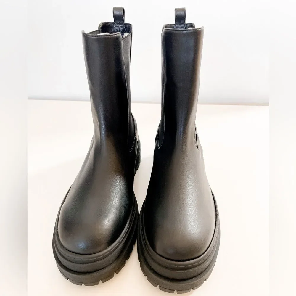 New Good American Black Leather Pull On Platform Boots - Picture 5 of 13